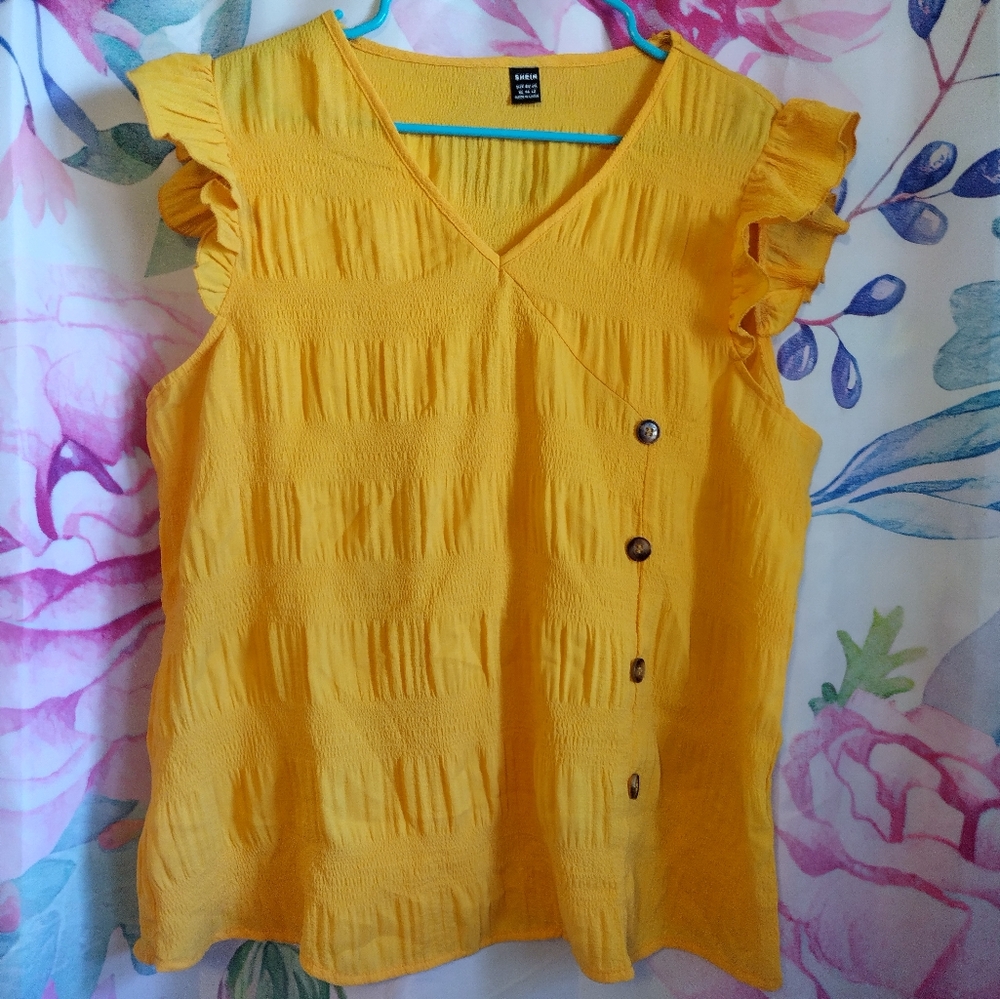Yellow Flutter-Sleeve Blouse w/ Fake Button Detail